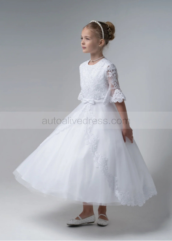Bell Sleeves Beaded White Lace Tulle Tea Length Flower Girl Dress Bell Sleeves Beaded White Lace Tulle Tea Length Flower Girl Dress
